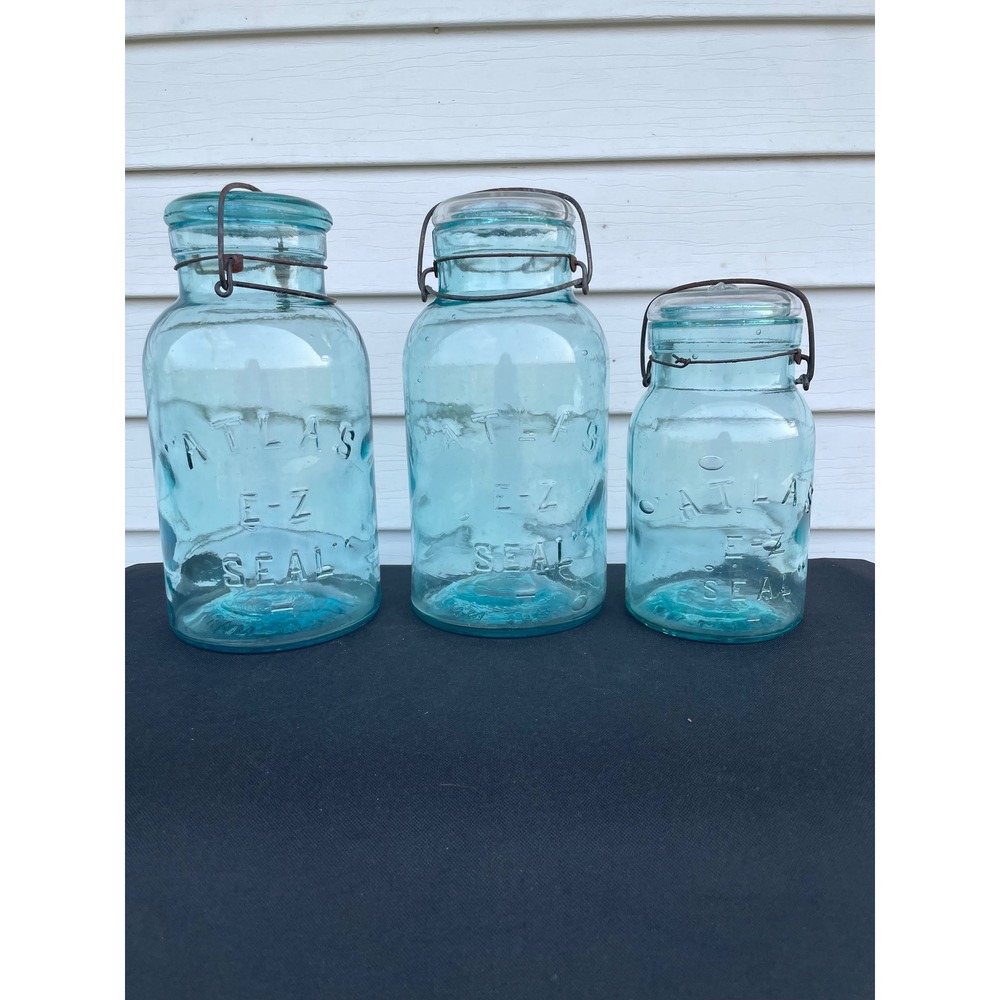 Atlas E-Z Seal Vintage Aqua Blue Glass Mason Jars Wire Bail Set of 3